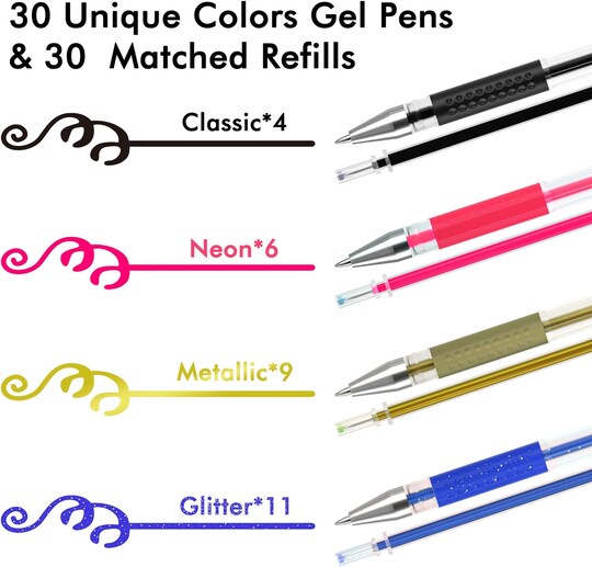 Unbranded; Gel Pens, 60 Pack Gel Pen Set 30 Colored Gel Pen with 30 Refills for Adults Coloring Books Drawing Doodling Crafts Scrapbooking Journaling; Category:Pens; Image:1